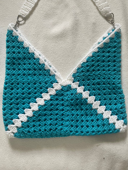 HANDMADE GRANNY SQUARE CROCHET BLUE BAG