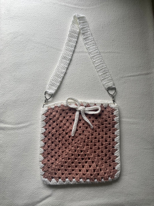 HANDMADE GRANNY SQUARE CROCHET PINK BAG WITH WHITE BOW