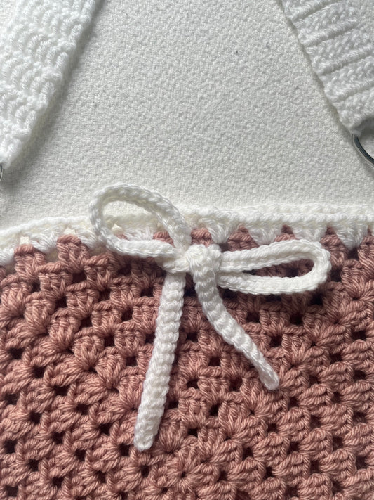 HANDMADE GRANNY SQUARE CROCHET PINK BAG WITH WHITE BOW